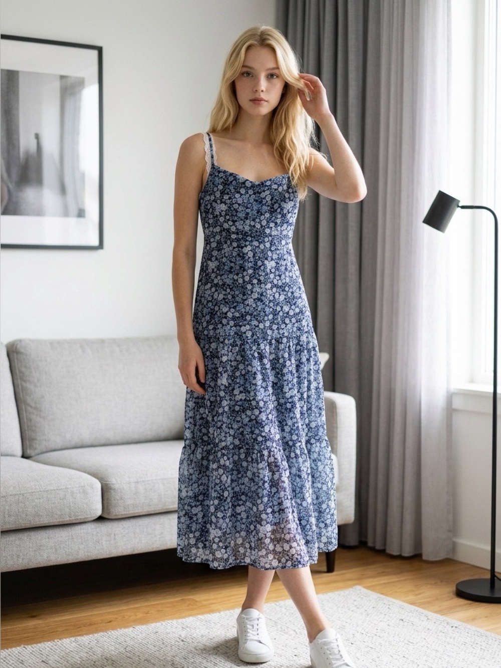NEW WallFlower XS Floral Blue and White Tiered Maxi Skirt with Liner